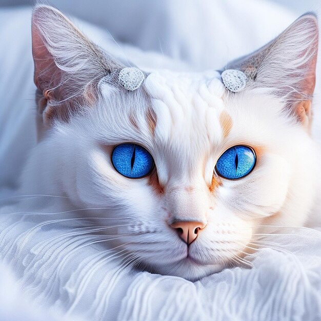 Un gato blanco está tendido en una cama blanca arte generado por IA