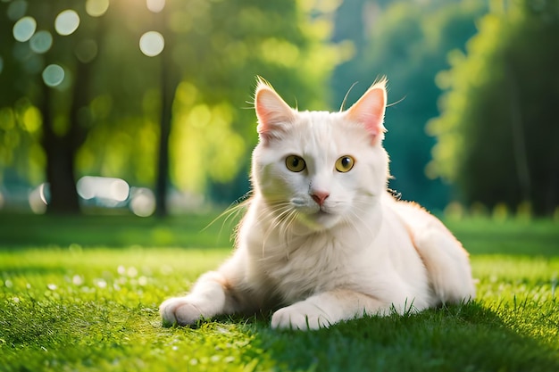 Un gato blanco está tirado en el césped de un parque.