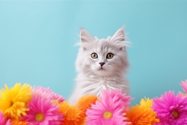 Un gato blanco con una flor rosa al fondo.