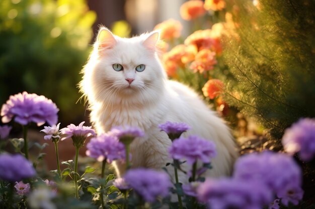 Gato blanco con flores en el jardín