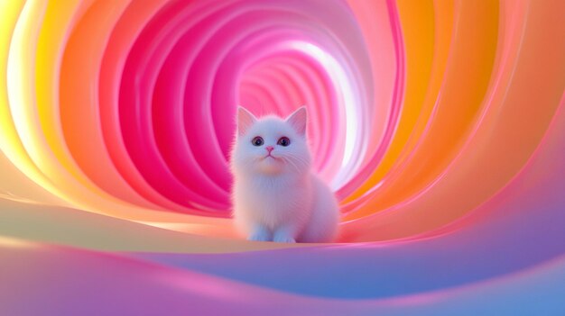 un gato blanco con un fondo colorido de un círculo de color arco iris