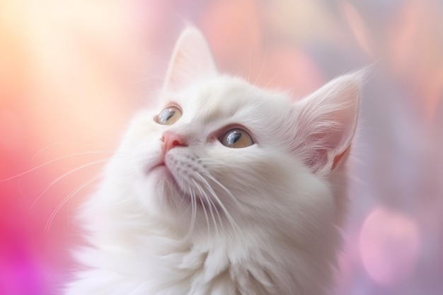 Un gato blanco con un fondo rosa.