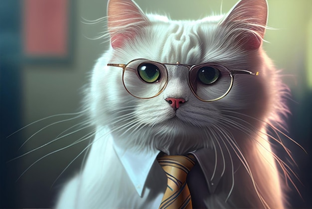 Un gato blanco con gafas y corbata.