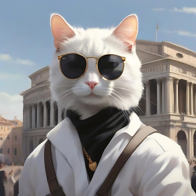 Gato blanco con gafas de sol negras yendo a Roma, la capital de la IA.