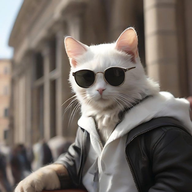 Foto gato blanco con gafas de sol negras yendo a roma, la capital de la ia.