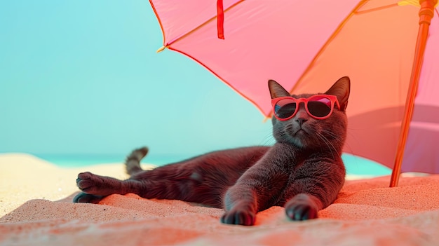 Un gato blanco con gafas de sol bajo un paraguas amarillo en la playa