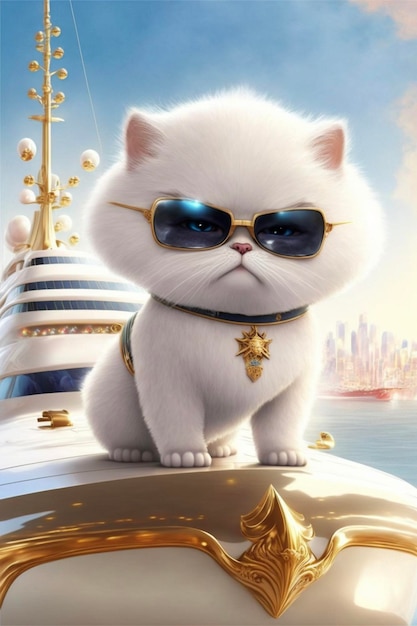 Gato blanco con gafas de sol sentado en la parte superior de un barco ai generativo