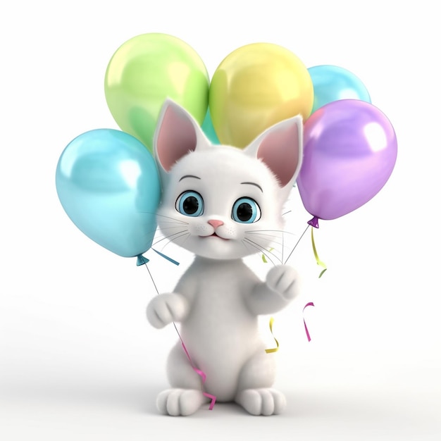 Gato blanco con globos y confeti en un fondo blanco