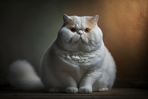 Un gato blanco gordo con una cola esponjosa se sienta en una mesa.