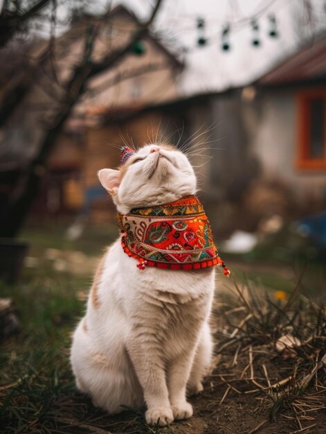 Un gato blanco gracioso con un sombrero tejido a mano y un poncho elegantemente equilibrado.