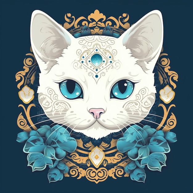 gato blanco con grandes ojos hermosos y atractivos rodeado de adornos tradicionales