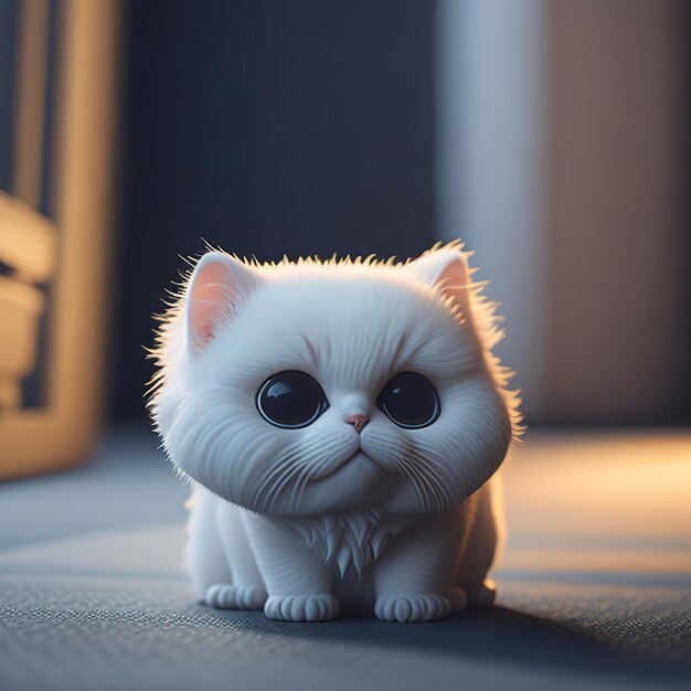 Un gato blanco con grandes ojos se sienta en una alfombra.