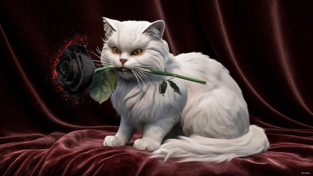 un gato blanco con hojas verdes en la boca sosteniendo una flor
