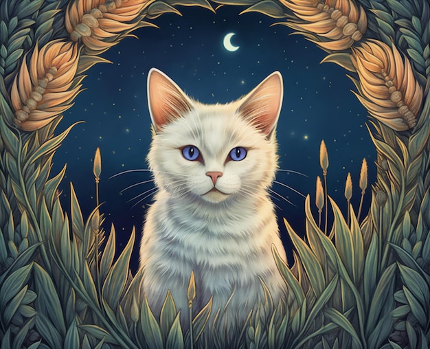 gato blanco en la ilustración de hierba creada usando herramientas generativas de IA