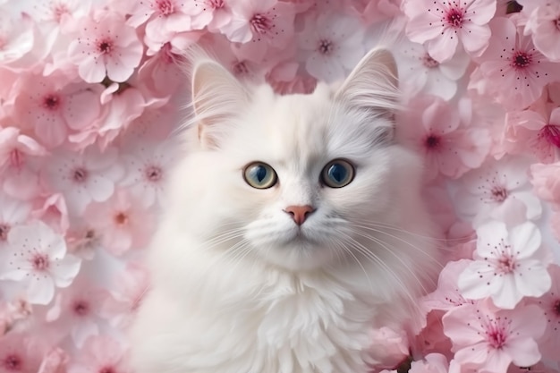 Gato blanco en un lecho de flores