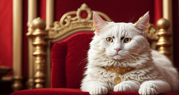 Gato blanco lindo con corona con cara sonriente y sentado en el trono con fondo rojo