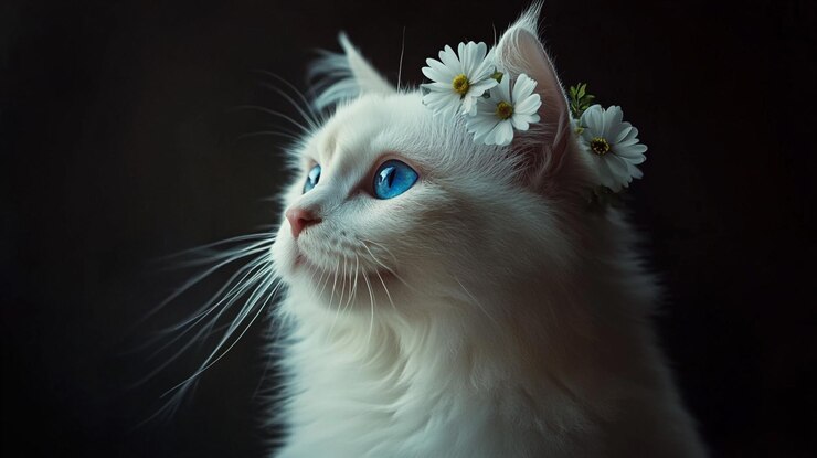 Gato blanco lindo con ojos azules en el fondo Gato peludo de dibujos animados con ojos grandes