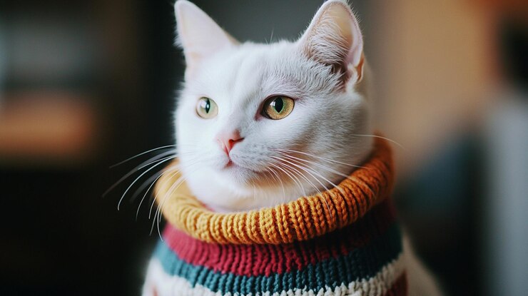 Gato blanco lindo con ojos azules en el fondo Gato peludo de dibujos animados con ojos grandes