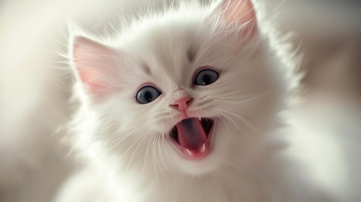 Gato blanco lindo con ojos azules en el fondo Gato peludo de dibujos animados con ojos grandes