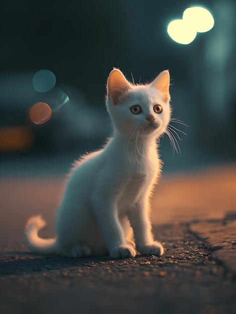 Gato blanco lindo sentado en la calle por la noche enfoque selectivo