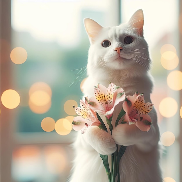 Foto gato blanco lindo sonriendo y sosteniendo flores de alstroemeria en sus patas sobre un fondo bokeh en pastel