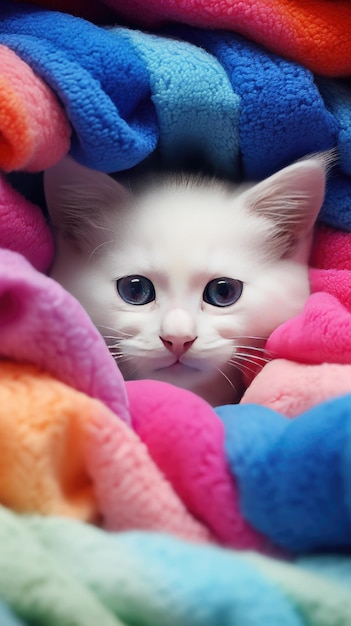 Un gato blanco en una manta rosa.