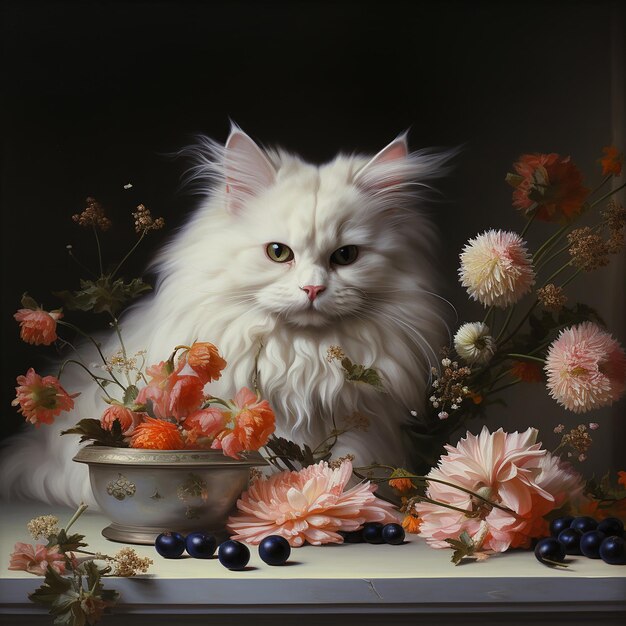 Gato blanco en la mesa con flores