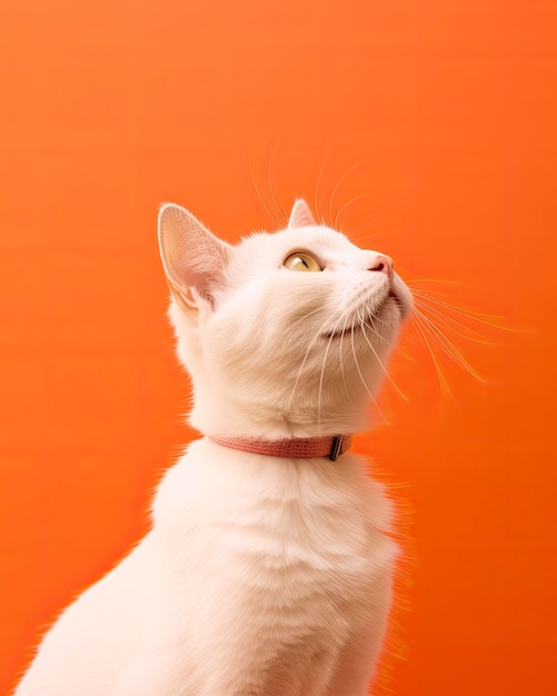 Gato blanco mirando hacia arriba contra un fondo naranja generado por la IA