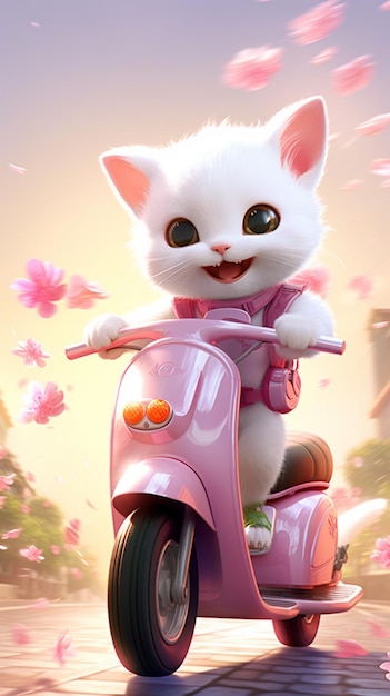 Un gato blanco en una moto con flores rosas.