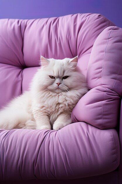 Foto un gato blanco con una nariz rosa acostado en un sofá púrpura