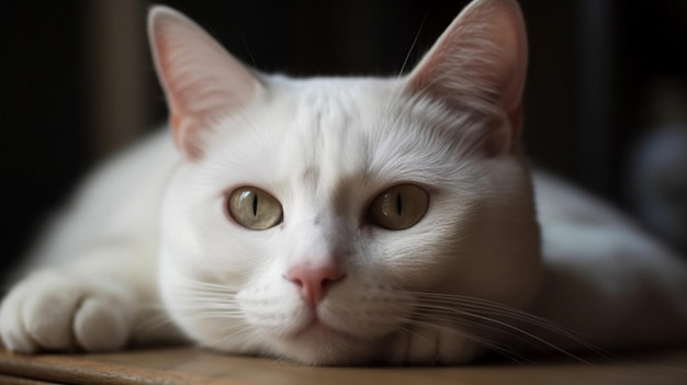 Un gato blanco con nariz rosada y ojos verdes yace sobre un suelo de madera.