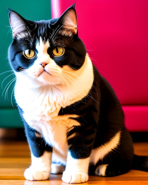 Un gato blanco y negro con una cara blanca y un fondo verde