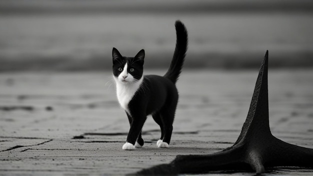 un gato blanco y negro está de pie en una superficie de hormigón