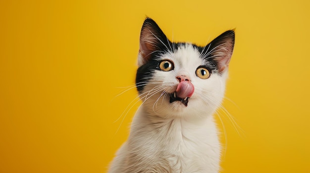 El gato blanco y negro extiende su lengua contra un fondo amarillo en este retrato de estudio