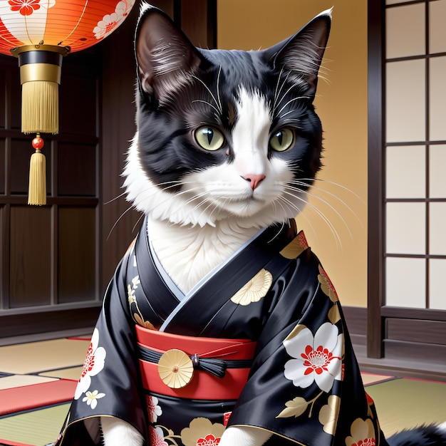 Gato blanco y negro con un kimono japonés y una linterna roja