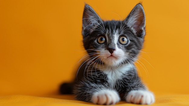 Gato blanco y negro en una manta amarilla