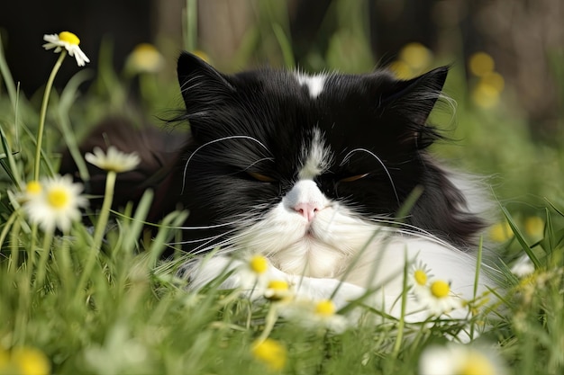 Gato blanco y negro con los ojos cerrados furioso