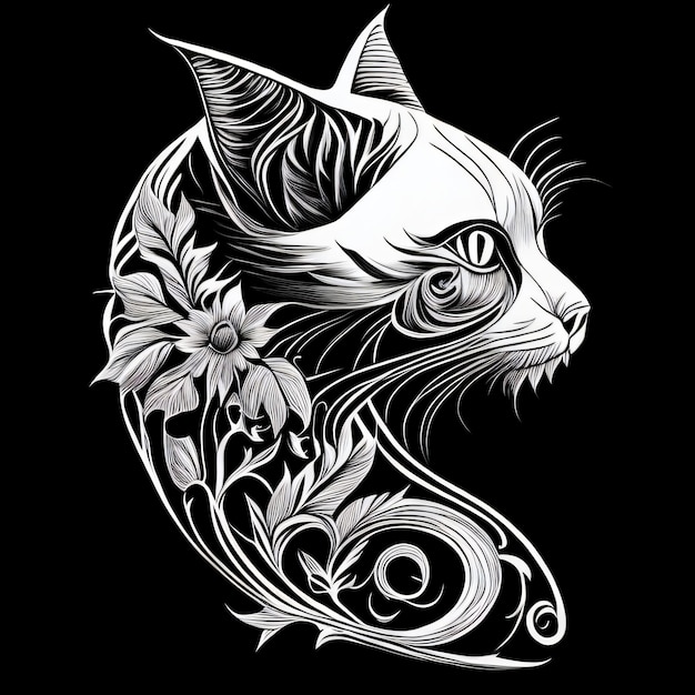 Foto un gato blanco y negro con un patrón floral en la cara.