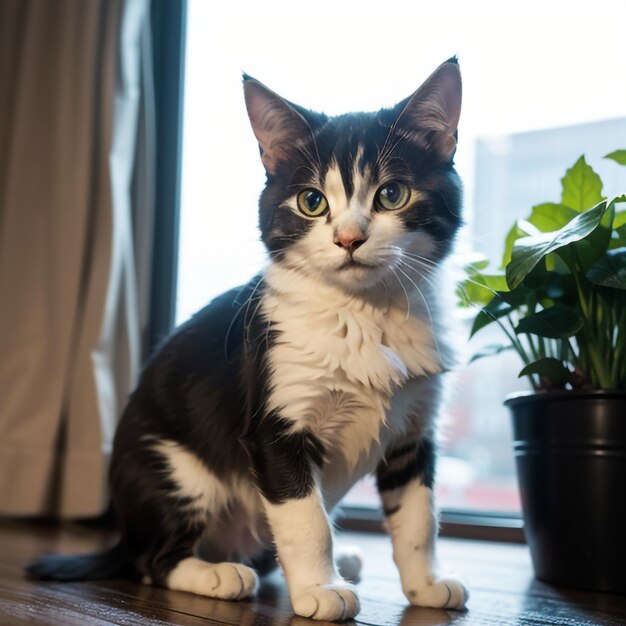 un gato blanco y negro se sienta en un suelo de madera junto a una maceta