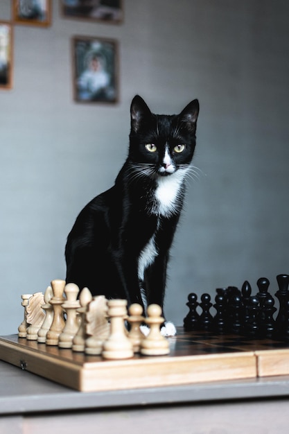 Un gato blanco y negro se sienta en un tablero de ajedrez.