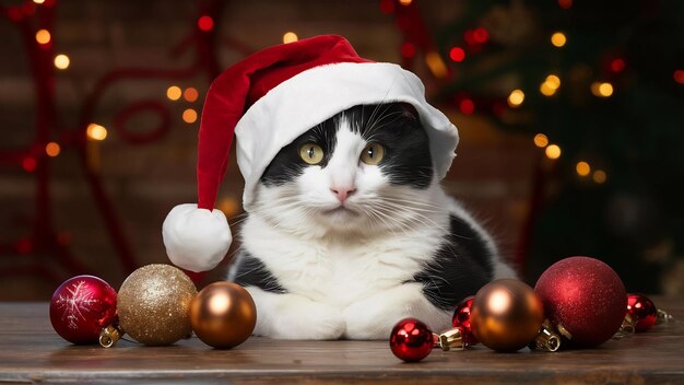 Gato blanco y negro con sombrero de Santa Claus de Navidad con adornos en una mesa