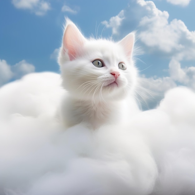 Un gato blanco en las nubes con el cielo de fondo