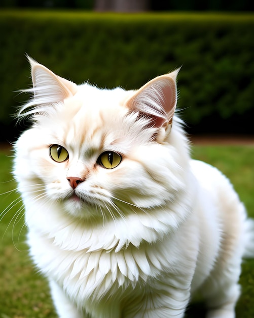 un gato blanco con ojos amarillos y un pelaje blanco