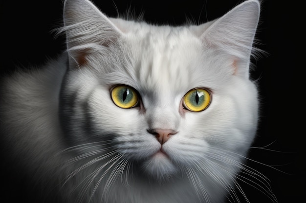 Gato blanco con ojos amarillos en un retrato de cara completa de cerca sobre un fondo oscuro