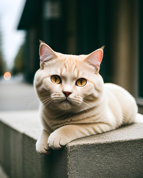 Un gato blanco con ojos amarillos tirado en una cornisa.