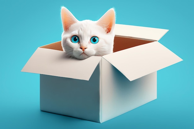 Gato blanco con ojos azules en una caja de cartón sobre fondo azul creado con tecnología de IA generativa