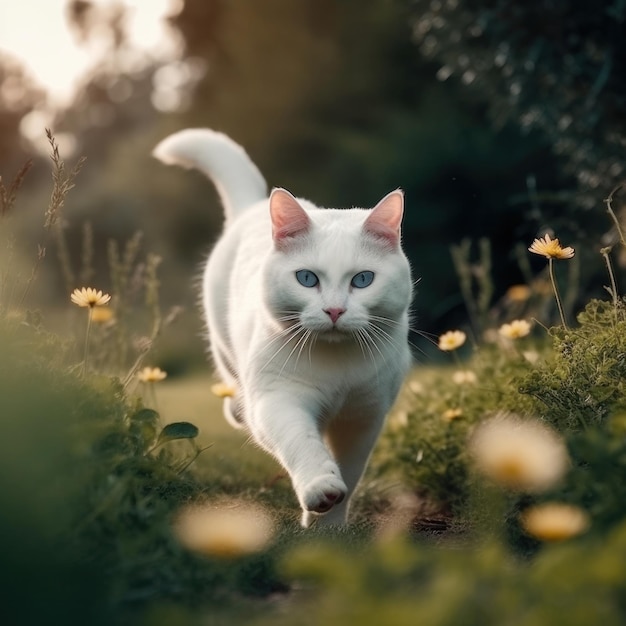 Un gato blanco con ojos azules camina por un campo de flores.