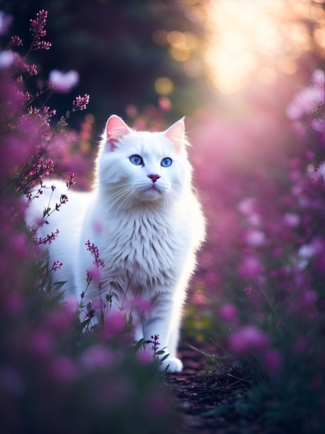 Un gato blanco con ojos azules se encuentra en un campo de flores.