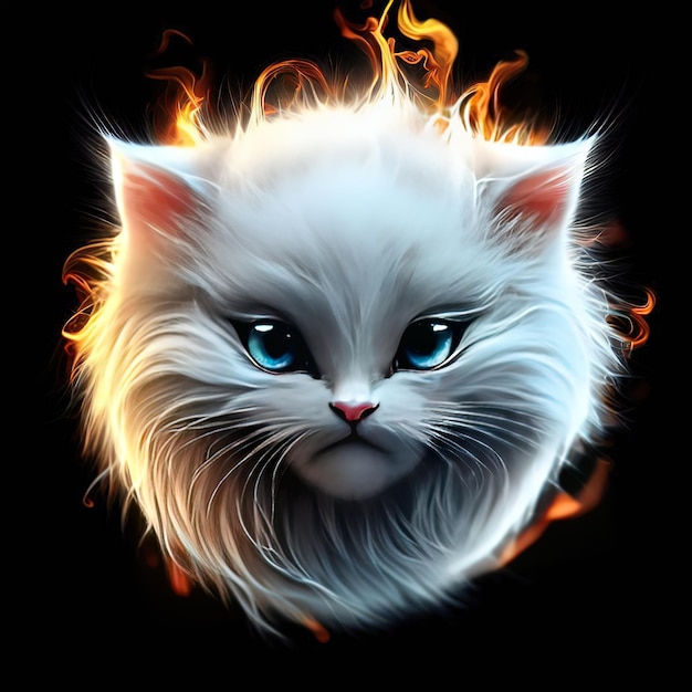 Un gato blanco con ojos azules está sobre un fondo negro con un fuego en el medio.
