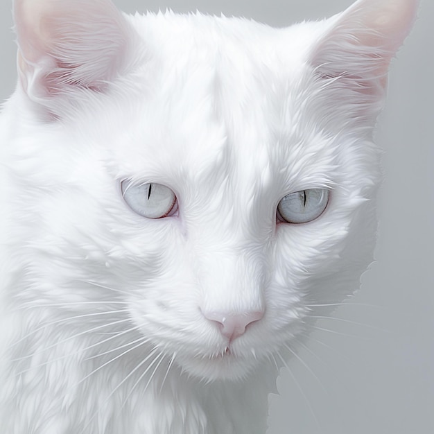 Un gato blanco con ojos azules mira a la cámara.